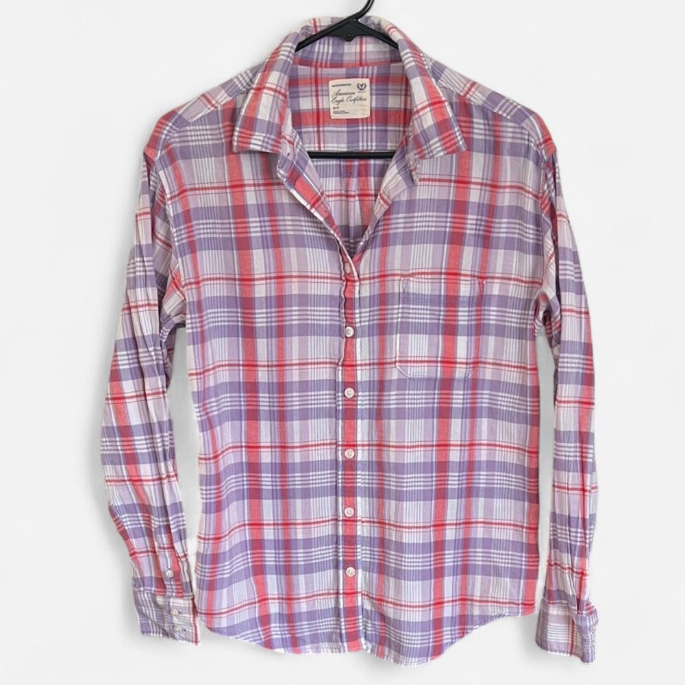 American Eagle Purple, White, and Red Plaid Button-up Shirt, Size Small